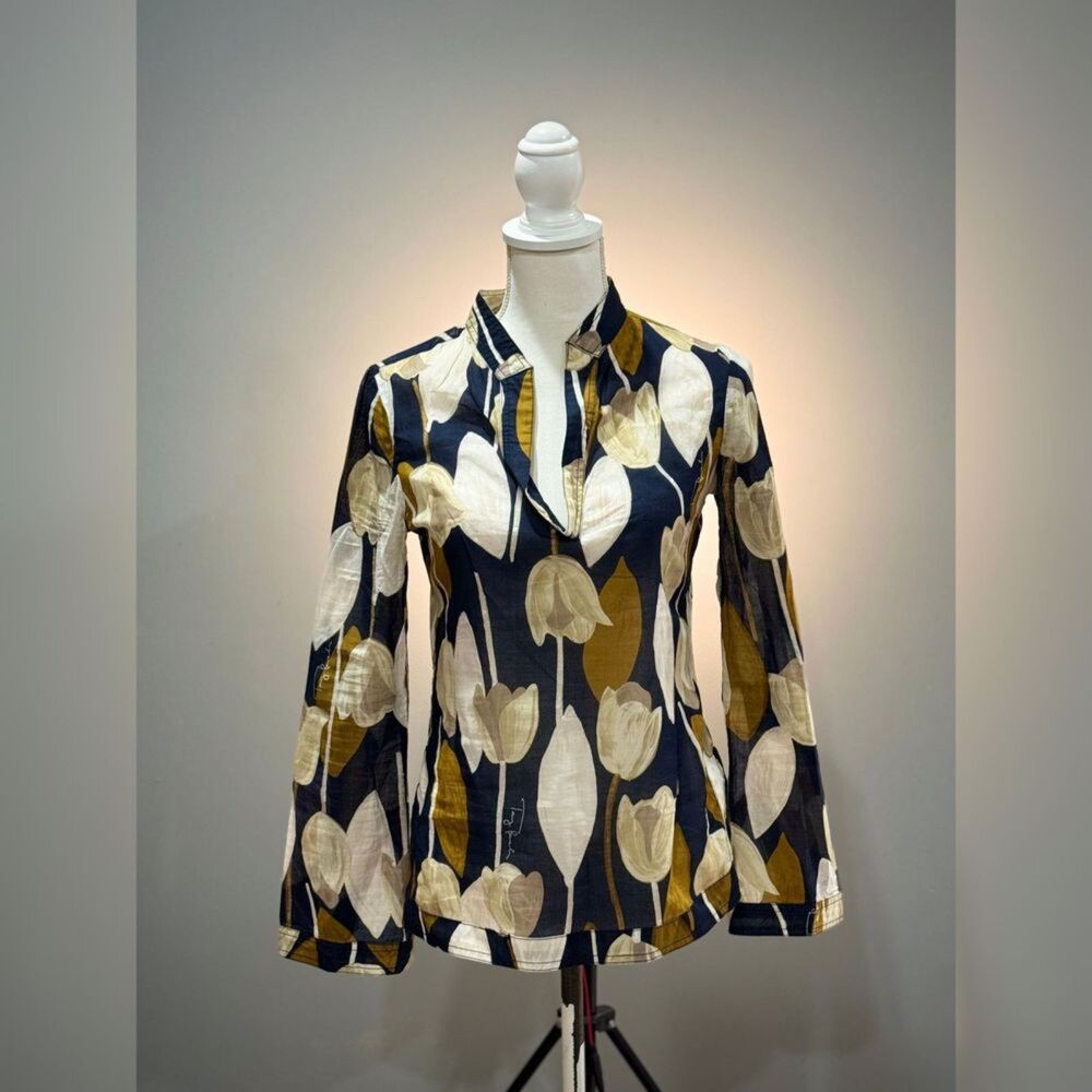 Navy Tory Burch Tulip Floral L/S Blouse Size 2